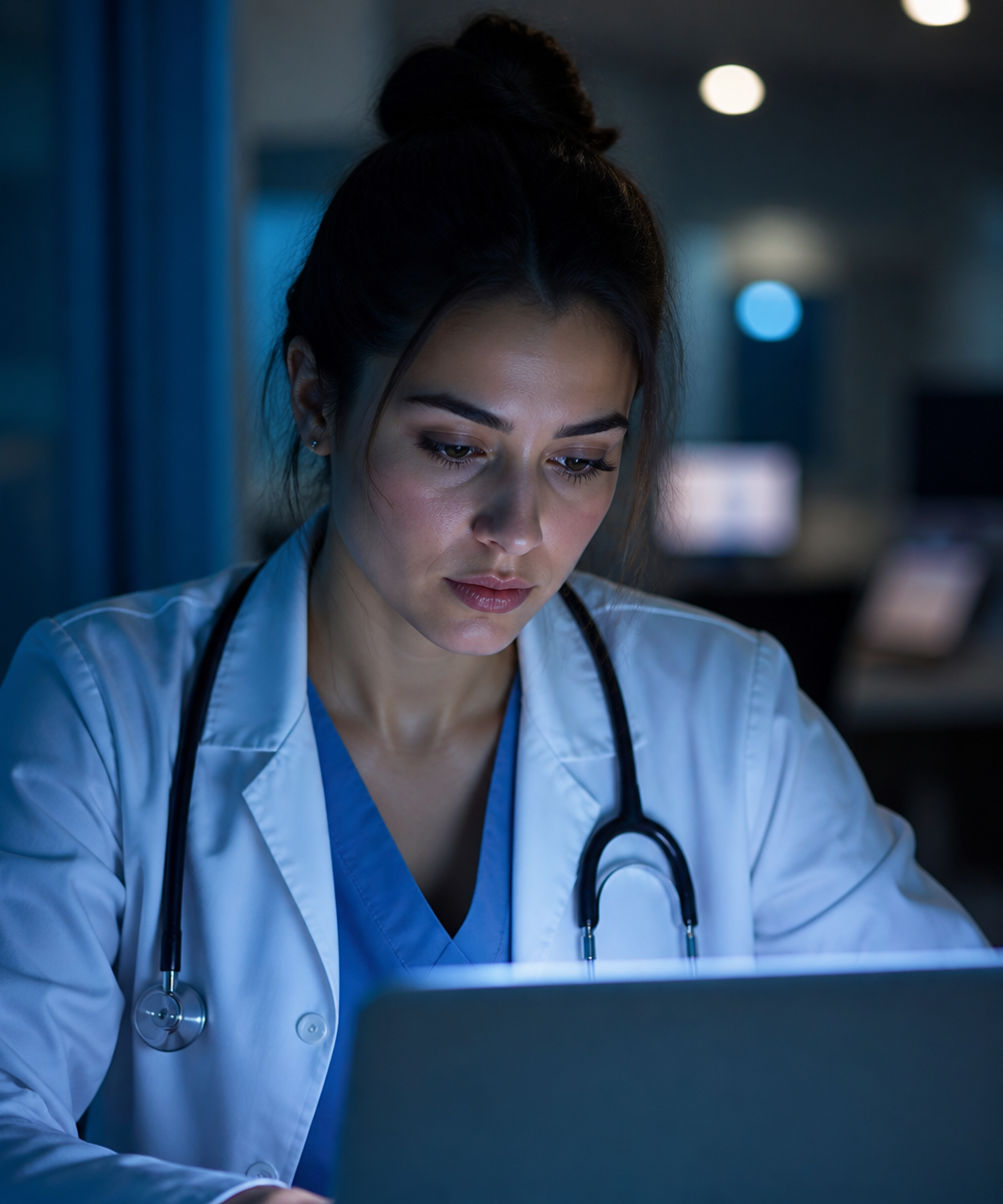Médica residente estudando em ambiente hospitalar